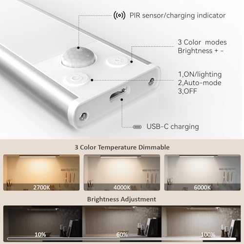 xinp Under Cabinet Lighting, 3 Color Magnetic Motion Sensor Light Indoor, USB Rechargeable Closet Lights 1800mAh Battery Operated, Wireless Dimmable Under Counter Light Bar for Kitchen,Hallway