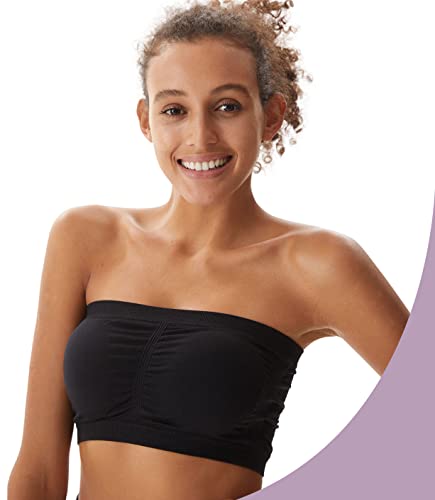 PUREMSX Padded Tube Bra Women, Strapless Bandeau Basic Breathable Wireless Spandex Stretch Sleep Bando Bra,Small,2 Pack,Black,Beige