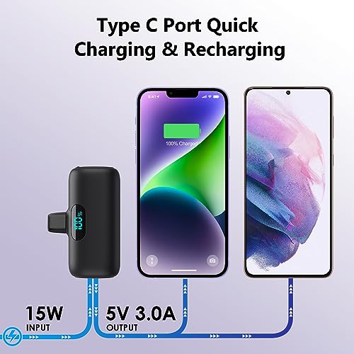 [2 Pack]Mini Portable Charger 5000mAh,Ultra-Compact 15W PD Fast Charging Power Bank,LCD Display Cute Battery Pack Backup Charger Compatible with iPhone 14/14 Pro Max/13/13 Pro/12/XR/8/7/6-Black+White