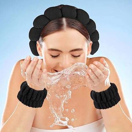 Generic spa headband for women and girls. Bubble skin care headband, makeup hair band set with wristbands, and a fluffy hair claw for face cleaning. (Black)