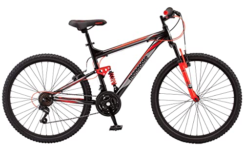 Mongoose Status 2.2 Mountain Bike for Men and Women, 26-Inch Wheels, 21-Speed Shifters, Aluminum Frame, Front Suspension, Black/Red