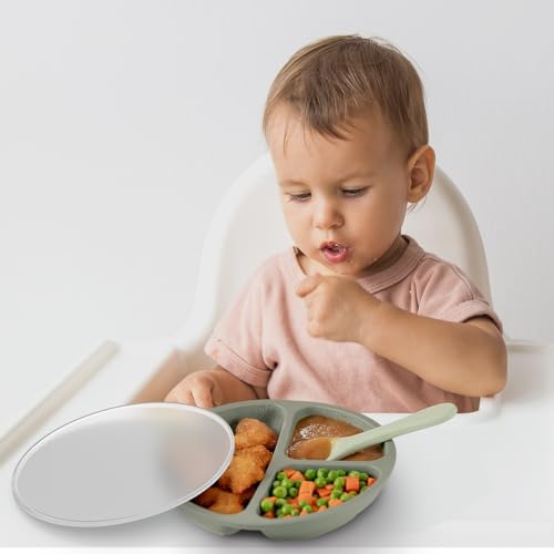 Cutebe 3 Pack Toddler Plates with Lids Baby Plates with Soft Material Silicone Suction Plates for Baby with Divided Design & Raised Edges Suction Plates for Feeding