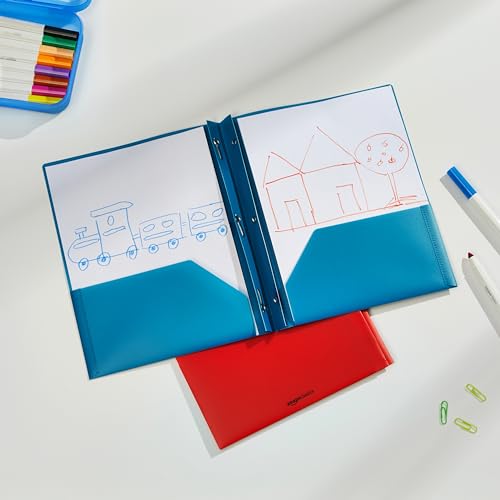 Amazon Basics Heavy Duty Plastic Folders with 2 Pockets for Letter Size Paper, Red and Blue, 2-Pack