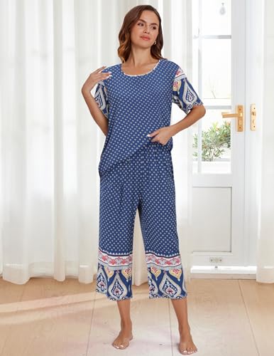 Ekouaer Women's Capri Pajama Sets Short Sleeve Shirt and Capri Pants Mumu Pajama with Pockets Sleepwear Pjs Sets