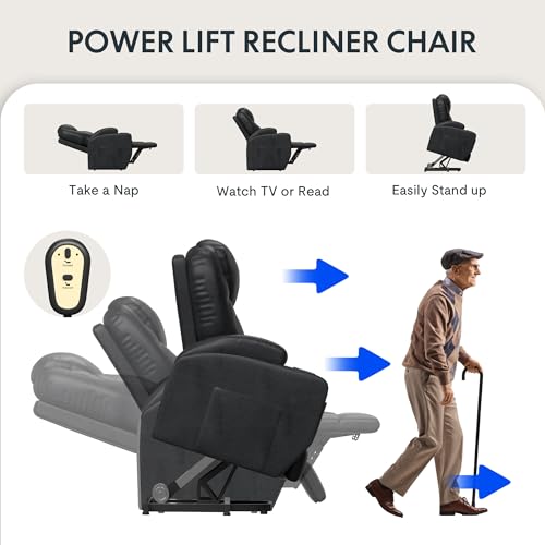 FLEXISPOT XL31 Power Lift Recliner Chair for Elderly, Oversized Electric Leather Lift Chair with Cup Holders, Side Pockets, Massage Reclining Chair Sofa for Living Room Bedroom (Black)