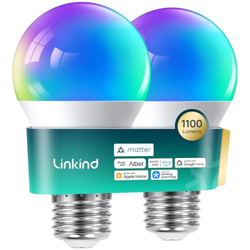 Linkind Matter Smart RGBTW Bulb,1100LM 75W Smart Light Bulbs, Work with Alexa/Apple Home/Google Home/SmartThings, LED Color Changing Bulbs Music Sync, 2.4GHz Wi-Fi Light Bulbs LED 11W, A19 E26, 2Pack