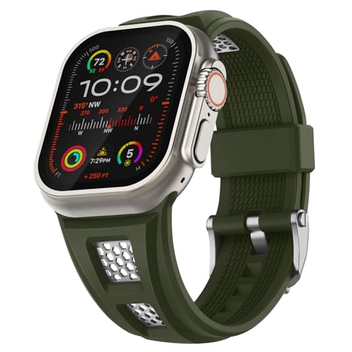 Suitisbest AquaPeak HexaPro Designed for Apple Watch Ultra 2 Band 49mm 45mm 44mm 42mm, Rugged Silicone Sport Band with Stainless Steel Buckle for iWatch Ultra Series 9 8 7 6 5 4 3 SE, Army Green