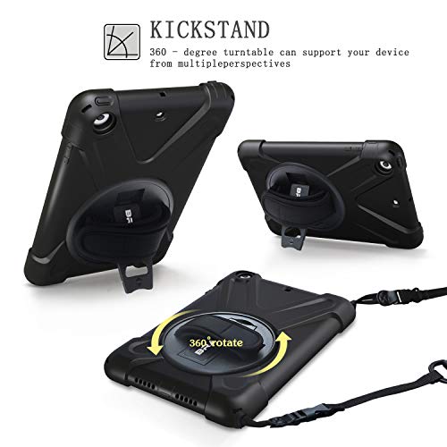 BRAECN iPad Mini 3/ Mini 2 Case] Full Body [Shock Proof for Kids Case] -360 Degrees Swivel Stand and Hand Grip Strap/a Shoulder Strap for Kids Black