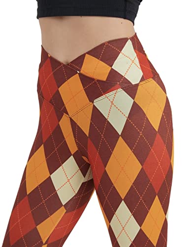 sissycos Women's Thanksgiving Day Plaid Printed Crossover Leggings Buttery Soft High Waisted Pants (Colorful Plaid, X-Large)