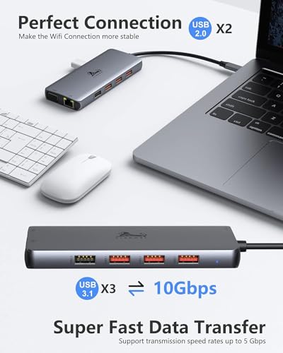 USB C Docking Station Dual Monitor, 11-in-1 USB-C Laptop Docking Station to Dual 4K HDMI,VGA,Gigabit Ethernet,3 * 10G USB 3.1,2*USB 2.0,87W PD,3.5mm Audio/Mic for Dell/Surface/HP/Lenovo Laptops