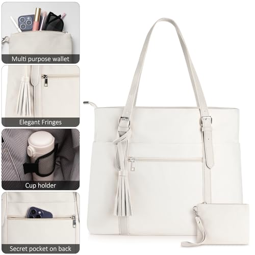 RJEU School Tote Bag with Pockets for Teacher,Cute Book Bags Women for College Work Travel Nurse Church,Canvas,Gifts,Beige Black
