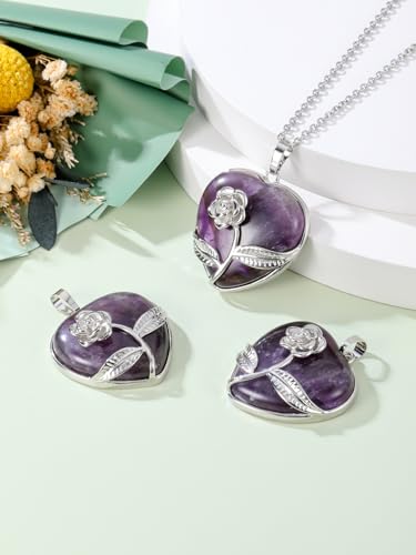 Jovivi Amethyst Crystal Heart Necklace Rose Flower Wrapped Love Heart Gemstone Healing Stone Pendant Necklaces Natural Spiritual Quartz Jewelry for Women Valentines Birthday Gifts