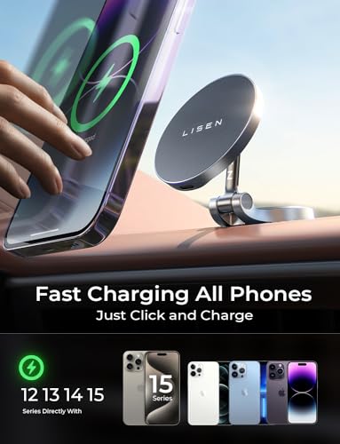 LISEN for Magsafe Car Mount Charger, 15W Fast Charging Ultra Magnetic Car Phone Charger [Mini & Metal], 2024 Magnetic Wireless Car Charger Dashboard for iPhone 16 Pro Max 15 14 13 12, Black