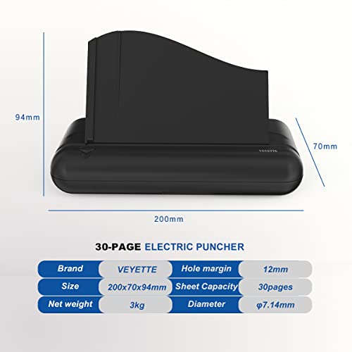 Electric 3 Hole Paper Punch, VEYETTE Heavy Duty Commercial Hole Puncher with Adapter for Office School Studio, 30 Sheet Capacity,Color Black