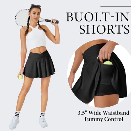 DLOODA Womens Tennis Skirt with Pockets Shorts High Waisted Athletic Skorts Skirts for Golf Running Workout (Yellow-Plaid S)