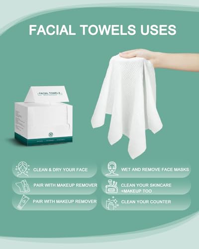 Disposable Face Towels,Extra Thick Soft Clean Facial Towels,Super Absorbent,Biodegradable Dry Wipes,Cruelty-Free Facial Washcloth for Sensitive Skin,Travel,Makeup Remover,50 Count,7.9"×12"