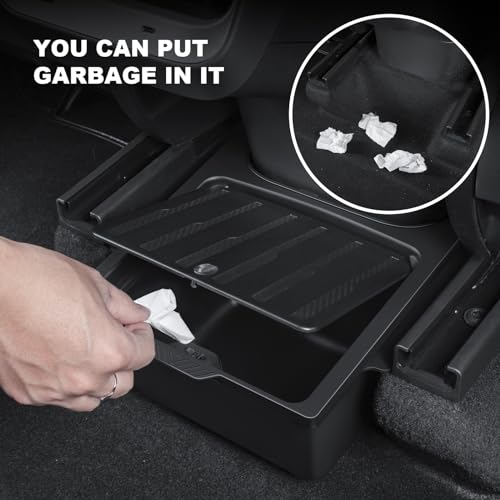 KUNIST Rear Under Seat Organizer for Tesla Model Y 2024 Accessories Backseat Storage Box with lid Center Console Storage Tray Trash Can Bin for Tesla Model Y 2020-2024 (Push-button Design