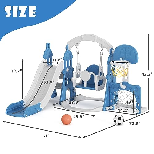 XJD 6-in-1 Toddler Slide and Swing Set, Kids Slide for Toddlers Age 1+, Toddler Outdoor Playset with Basketball Hoop, Football Frame, Swing, Outdoor Indoor Playground for Toddlers 1-3 (Blue)
