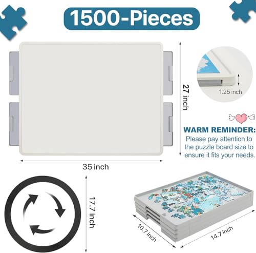 Playboda 1500 Pieces Rotating Plastic Puzzle Board with Drawers and Cover, 35"x27" Portable Jigsaw Puzzle Table for Adults, Lazy Susan Spinning Puzzle Boards (Patent Design)