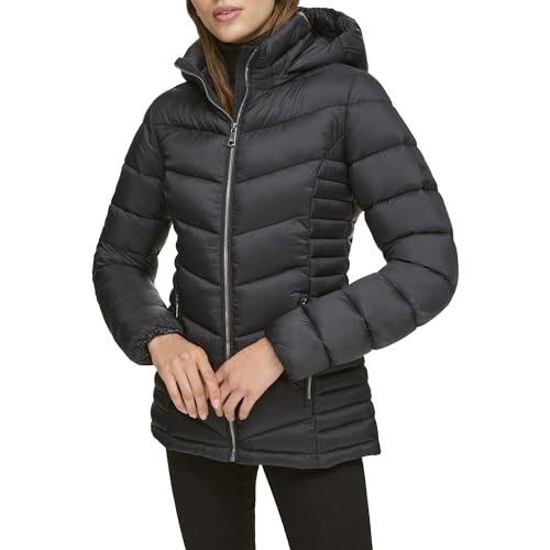 DKNY Women's Puffer, Light-Weight Hooded Black