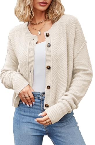 cosofme Women's Cardigan Sweaters Fall Long Sleeve Open Front Button Down Cable Knit Cropped Cardigans Beige
