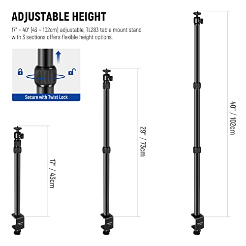 NEEWER Extendable Camera Desk Mount with Ball Head, 17"-40" Adjustable Table Light Stand with 1/4" Screw & C Clamp for DSLR Camera, Ring Light, Live Stream, Vlog, Max Load: 6.6lb/3kg, TL283 (RED)