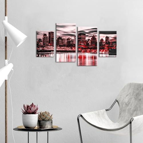 Boston Cityscape Red and Black Wall Art USA Pictures Canvas Print for Living Room Boston Night Scene Poster Office Paninting City Skyscraper Panoramic Wall Decor Modern Artwork Bedroom Home Decoration