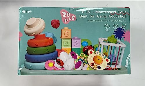 Baby Toys for 6 to 12 Months, Montessori Sensory Bins Toys for Toddlers 1-3, Pull String Teether Infants Bath Toys 6 in 1 Stacking Blocks Rings, Matching Eggs, Suction Cup Spinner Toy