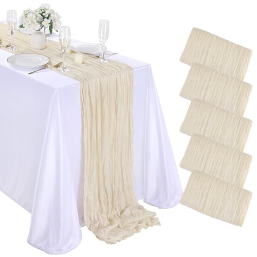 Beige Cheesecloth Table Runners 5 Pack 10Ft Rustic Boho Gauze Long Table Runner for Wedding Arch Bridal Shower Thanksgiving Day Decoration 35x120 Inch