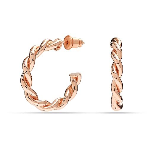 Charmsy 925 Sterling Silver Hoop Earrings for Women | 18K Rose Gold Plated Lightweight Open C Hoops Earring | Size 30mm