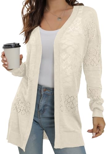 GRECERELLE Women's Lightweight Long Sleeve Cardigan Summer Casual Loose Open Front Pointelle Sweater Beach Coverup, Royal Blue, Medium