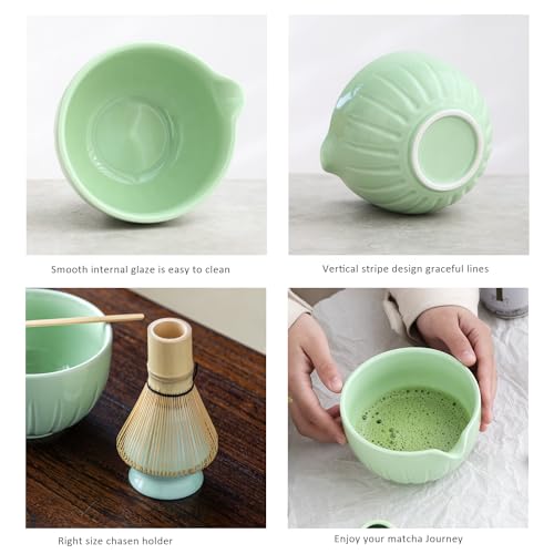 TANG PIN Matcha Set - Match Bowl with Spout and Whisk, 15 OZ, Matcha Scoop | Matcha Whisk Stand (Chasen Holder) - 4pc Perfect Matcha Kit for Matcha Tea Ceremony (Green)