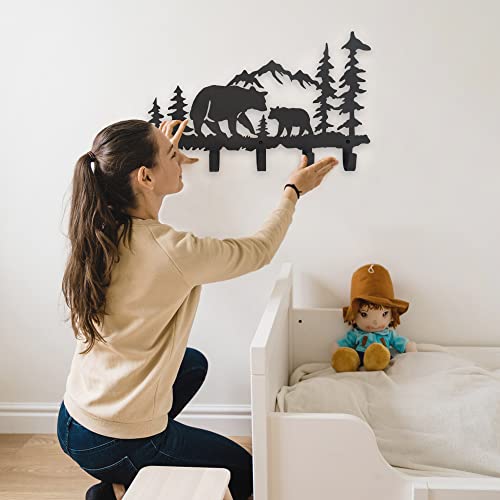 VIVICOMFY Metal Bear Coat Hooks Wall Art Decor-Bear Hangers and Key Holder-Animal Theme Hooks Sweet Home Decor for Storage, Living Room, Hallway, Office (Black)