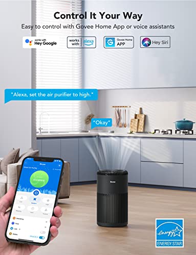 Govee Air Purifiers for Home Large Room Up to 1524 Sq.Ft, WiFi Smart Air Purifier with PM2.5 Monitor for Wildfire, H13 True HEPA Air Purifier for 99.97% Smoke, Pet Hair, Odors, 24dB Large Air Purifier