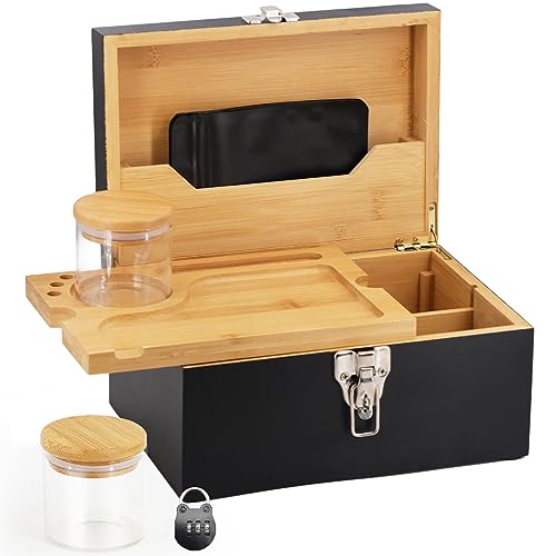 SafeDelux Large Bamboo Box with Combination Lock, Decorative Locking Box with Detachable Compartment Lockable Wooden Box for Home Removable Tray and Jars Great Gifts for Men