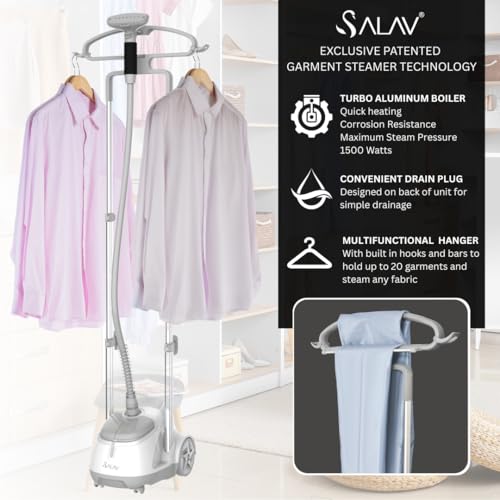SALAV® Professional Standing Garment Steamer with Retractable Power Cord, Foot Pedal Control, Wheels for Easier Movement (Silver)