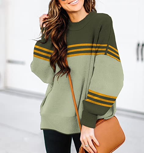 ETCYY Womens Sweaters Fall 2024 Batwing Long Sleeve Side Slit Knit Tops Crew Neck Striped Oversized Sweater Pullover Tops(M.C Print Apricot)