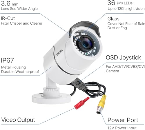 ZOSI 2.0MP 1080p Security Camera 4-in-1 TVI/CVI/AHD/CVBS Surveillance Bullet Camera Indoor Outdoor,120ft Night Vision,Aluminum Metal Housing,Work for 960H,720P,1080P,5MP,4K analog CCTV DVR(White)