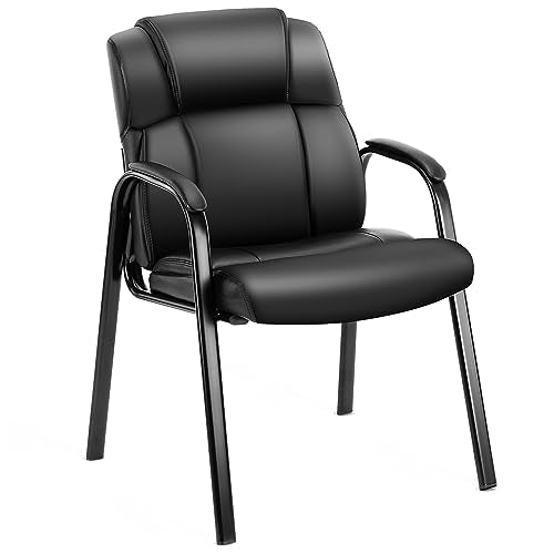 DUMOS Leather Waiting Room Chairs with Padded Arms - Executive Office Reception Guest Chair No Wheels for Conference Room Lobby Side, Black