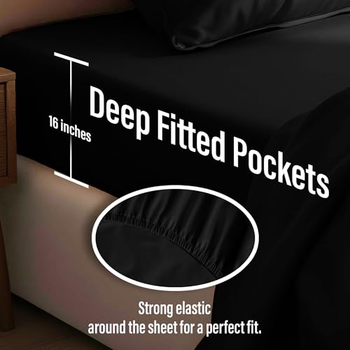 AL AHMEDANI LINEN Black Satin Sheets Queen - Luxurious 4-Pcs Silk Sheets Queen Size Bed Set - Breathable Silky Smooth Comfortable Bed Sheets – Deep Pocket 1 Fitted Sheet, 1 Flat Sheet, 2 Pillowcases