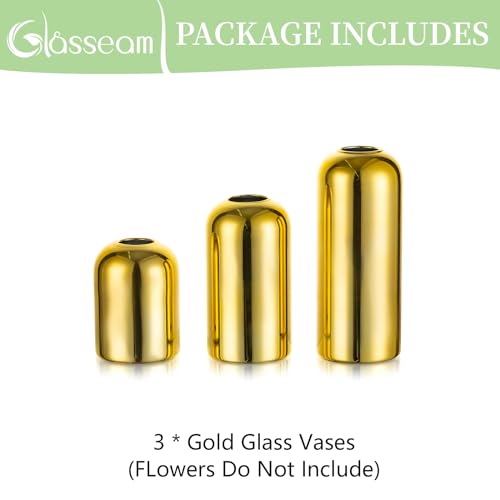 Glasseam Gold Bud Vases for Centerpieces: Modern Blown Glass Vases for Flowers Cute Small Vase Set of 3 Golden Decorative Flower Vase Decor Mini Centerpiece for Wedding Table Dining Room Decorations