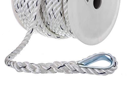 Seachoice Boat Anchor Line Rope, 3-Strand Twisted, Nylon, White/Blue, 1/2 in. X 100 Ft.