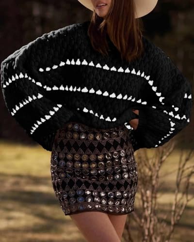 Saodimallsu Womens Oversized Sweaters Striped Long Lantern Sleeve Crew Neck Fall Trendy Knit Pullover Sweater Gray