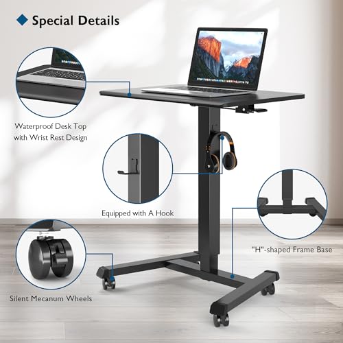 BONTEC 25.6" x 17.7" Gas Spring Mobile Stand Up Desk, Podium, Rolling Standing Desk Up to 33LBS with Wheels and Stoppers, Laptop Standing Desk Height Adjustable, Black