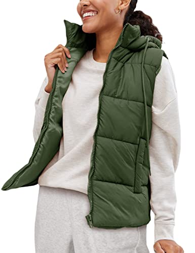 EsheSy Women's Puffer Vest with Removable Hood Sleeveless Full Zip Quilted Down Jacket(ArmyGreen-S)