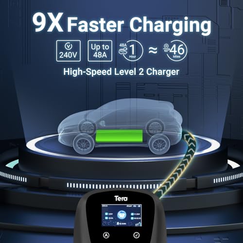 Tera Electric Vehicle Charger for Tesla: Level 2 J1772 2024 Newest ETL Certified 48A with Manual Setting Amps & Schedule on Unit 240V NEMA 14-50 Black