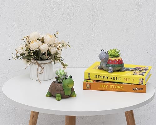 BOIHEGU Cute Turtle Succulent Planter Pot, 4 inch Resin Small Animal Planter Pots for Plants, Colorful Turtle Pots with Drainage Hole Mesh Pad, Cute Turtle Succulent Planter for Plant Lover Gifts