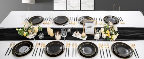 Nervure 100 Pieces Black Plastic Plates - 7.5inch Black Dessert Plates - Disposable Gold Plastic Plate - Disposable Plate Ideal for Wedding & Father's Day & New Year