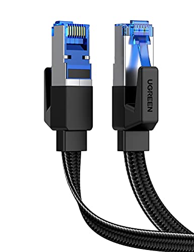 UGREEN Cat 8 Ethernet Cable 1.5FT, Flat High Speed 40Gbps 2000Mhz Internet Cable 26AWG Braided Network Cord RJ45 Shielded Indoor LAN Cables Compatible for Gaming PC PS5 Xbox Modem Router 1.5FT