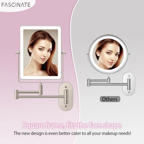 FASCINATE Rechargeable Wall Mounted Makeup Mirror, Bathroom Mirror Rectangle 8.7 Inch Double Sided 1X 10X Magnifying, 3 Color Setting, Extended Arm 360° Swivel Foldable Nichel